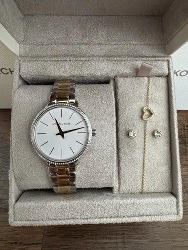 NUOVO Michael Kors Pyper orologio bicolore cuore bracciale orecchino set regalo MK1041 nuovo con scatola