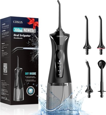 COSLUS Munddusche Kabellos, Elektrischer Zahnreiniger 4 Modi, 300ml Wassertank