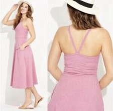 PACT Women’s Medium Fit & Flare Midi Dress Organic Cotton Pink Pockets Racerback