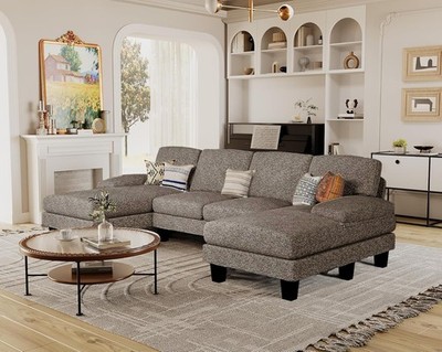 Furmax U Shaped Sectional Sofa 4 Seat Double Chaise Linen Pearl Gray