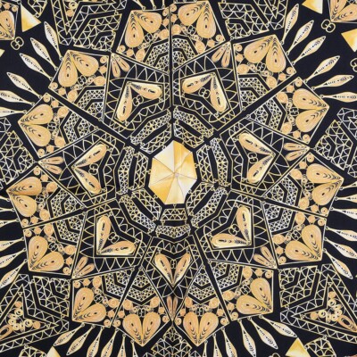 68215 auth GUCCI black, beige & gold silk twill MANDALA 90 Scarf