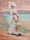 People By the Beach Landscape Painting with White Frame Unusual 30 X 41 Unique — photo 4