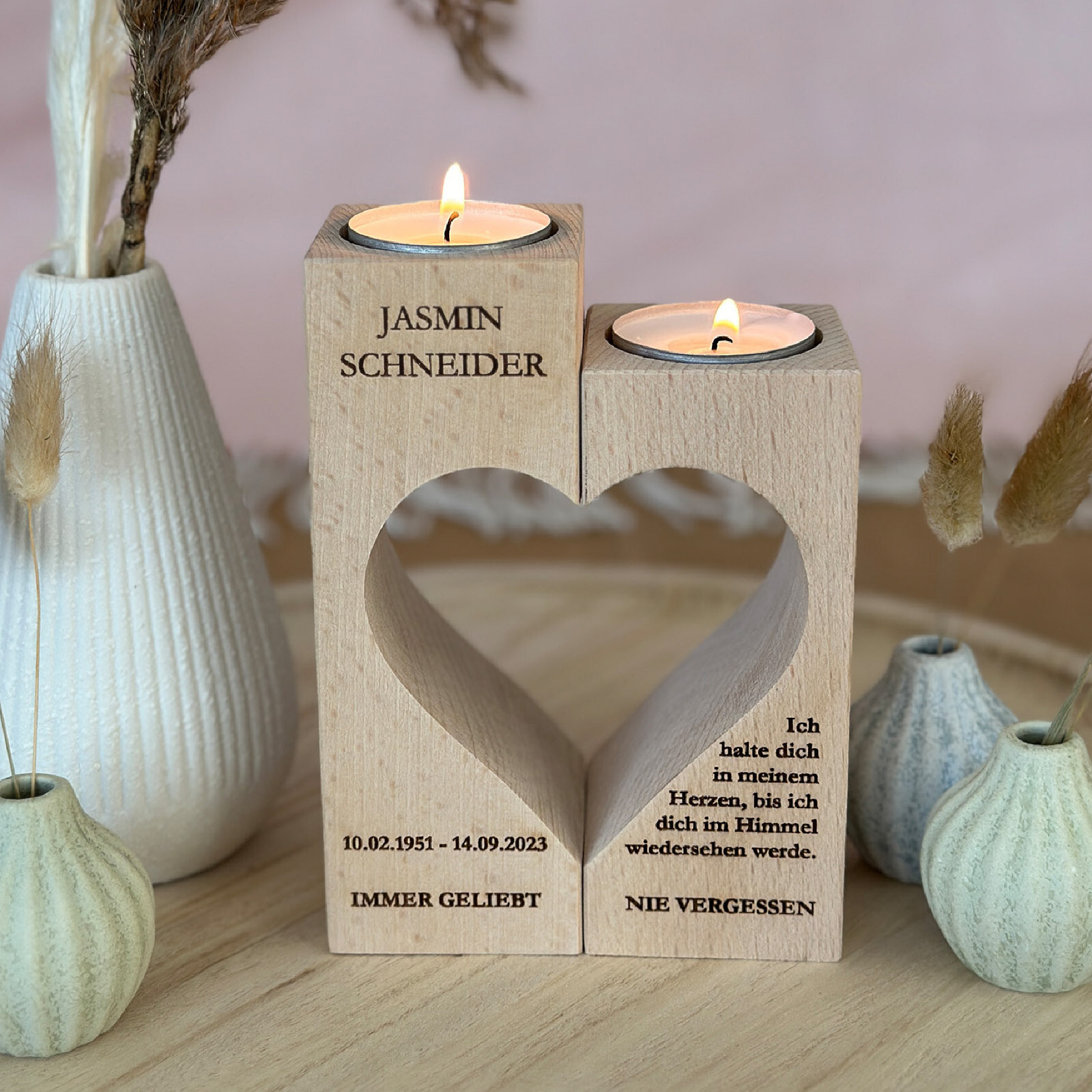 Trauerkerze Trauerlicht Herz personalisiert Trostlicht Erinnerungslicht Holz