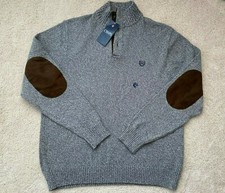 Chaps Mens Sz L Suede Elbow Patches Mock Neck 1/4 Button Gray Sweater NWT