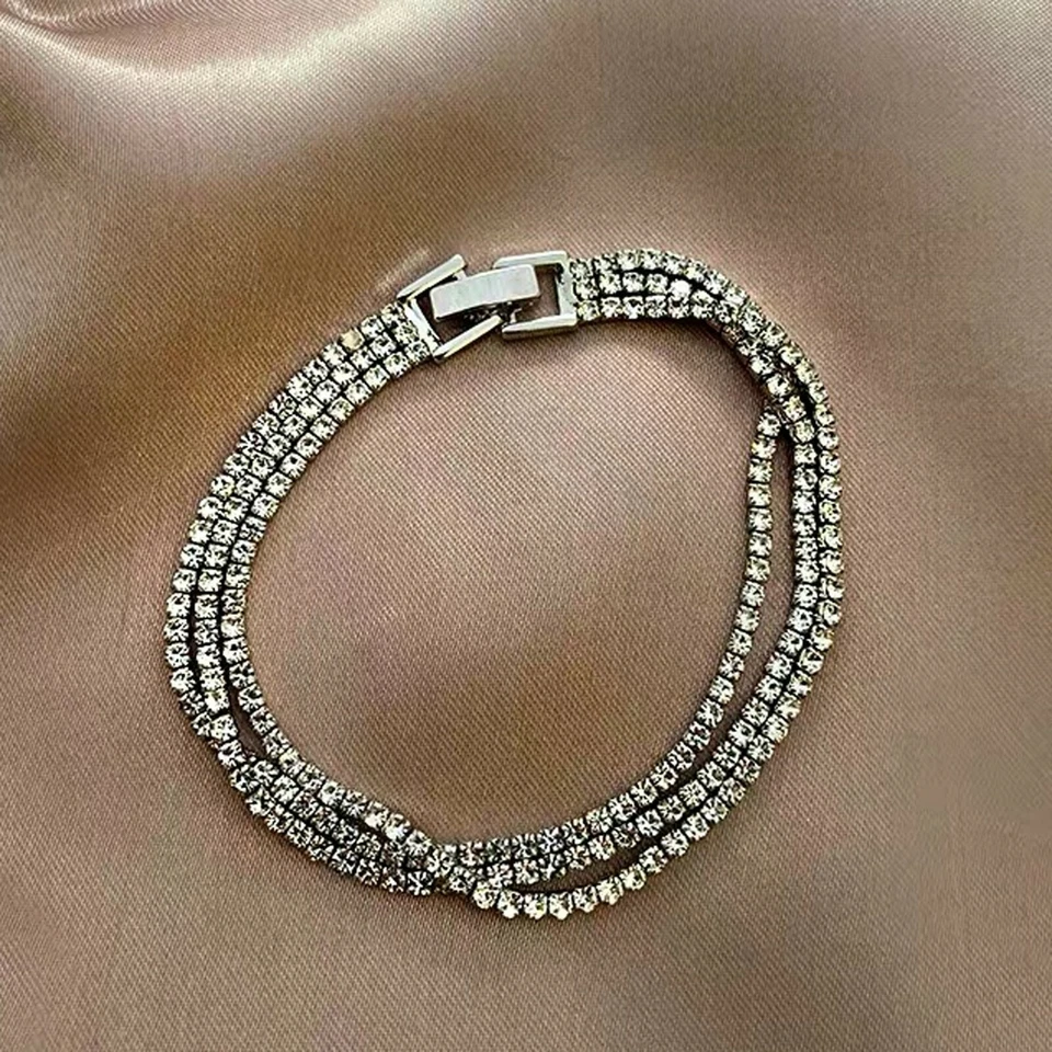 18k gold gp simulated diamond beaded chain three row slim tennis bracelet 17.5cm Foto 4 de 4