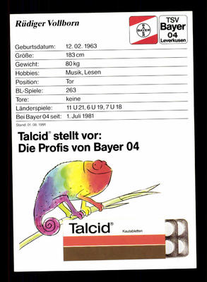 AK M.ORIG.AG RÜDIGER Vollborn Bayer Leverkusen 1.UEFA-Cup 88 Uhlsport