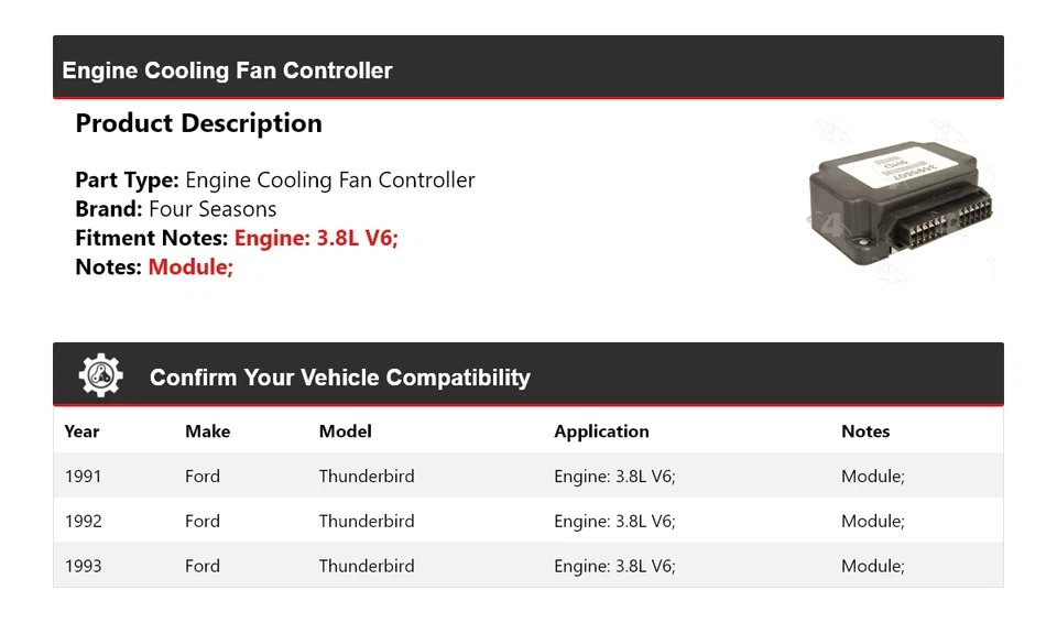 Controlador de ventilador de refrigeración del motor V6 de 3,8 L para Ford Thunderbird 1991-1993 4 estaciones Foto 2 de 4
