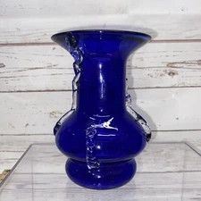 Mid Century Cobalt Blue Hand Blown Glass Vase With Clear Details