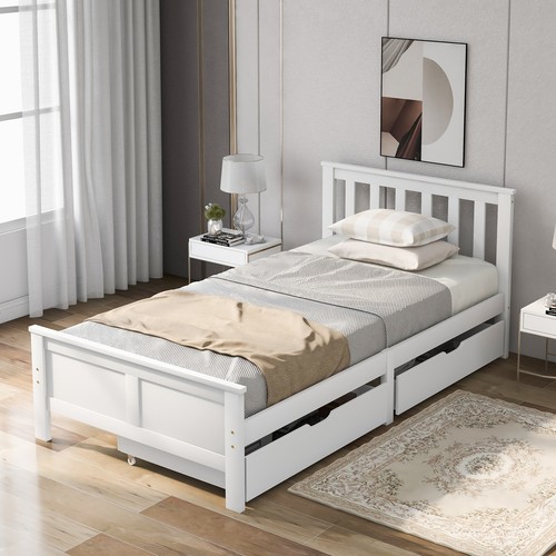 Merax 2 Drawers 3ft Single Wooden Solid White Pine Kids Storage Bed