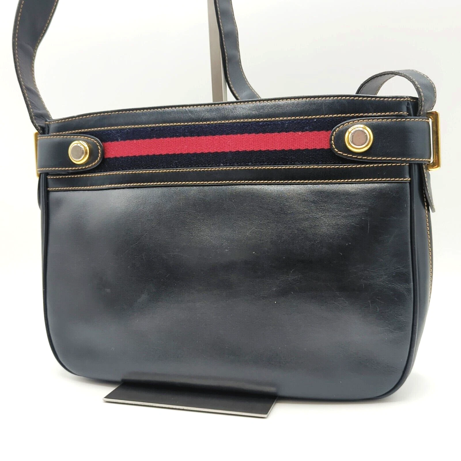 Rare* sac à main bandoulière vintage GUCCI cuir bleu marine foncé or verrouillage inter #299