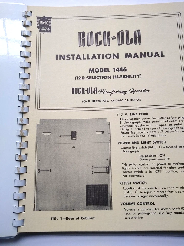 Rock Ola Modelo 1446 Jukebox Piezas de Servicio Manual de Reparación 1954 Fonógrafo Música Foto 2 de 4