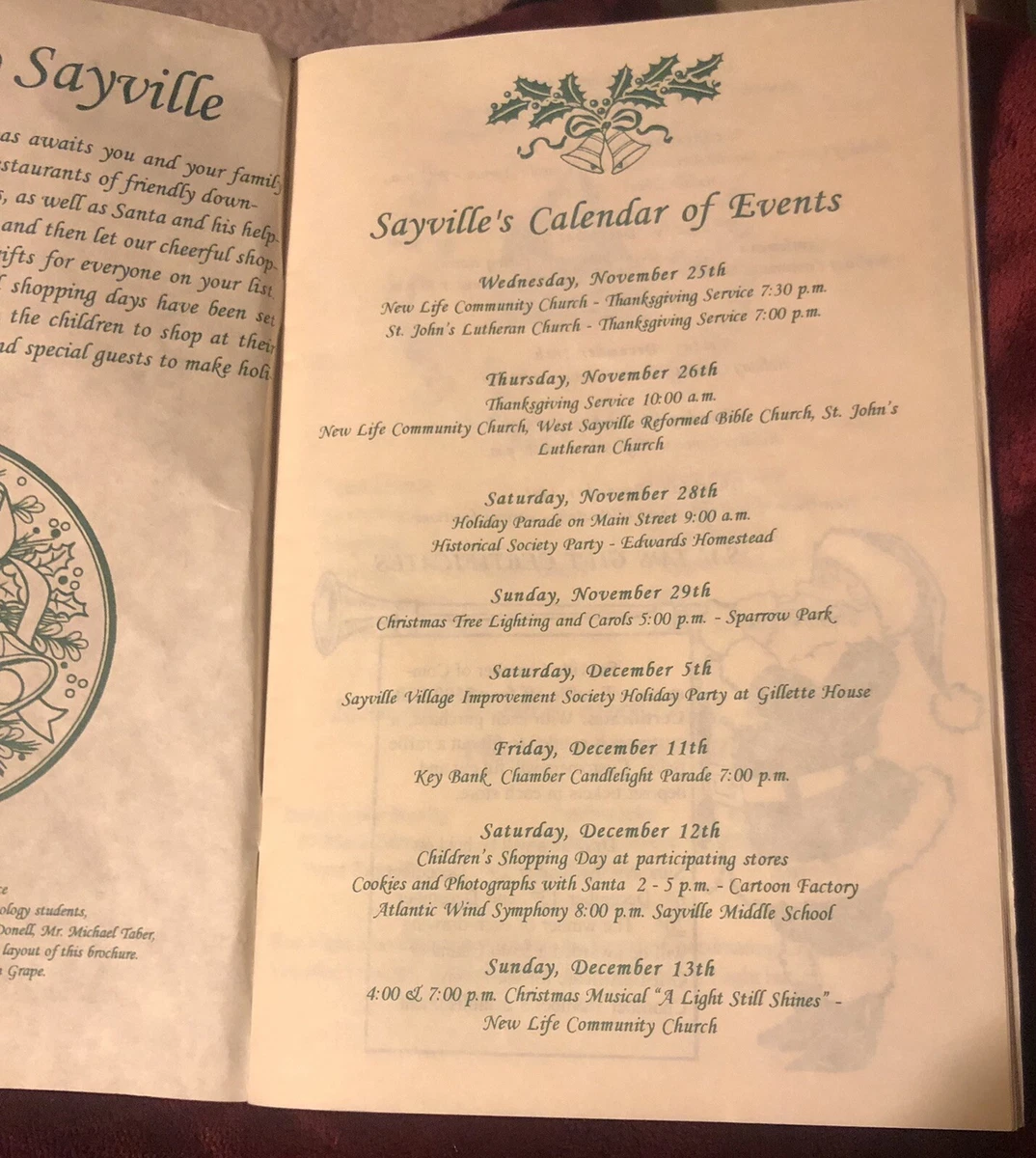 1998 Christmas Calendar Of Events Sayville Long Island New York | eBay