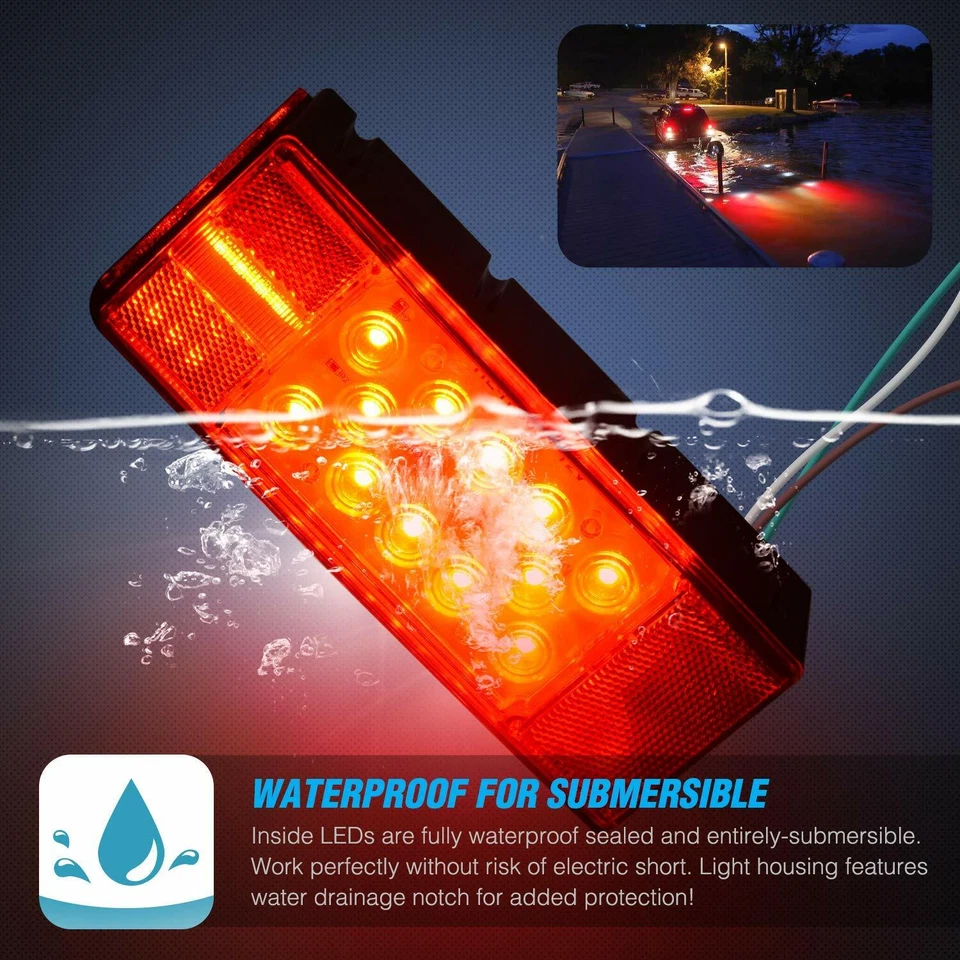 LED Submersible Square Light Kit Trailer Under 80" Tail Stop Brake Boats Marine - Image 4 of 4