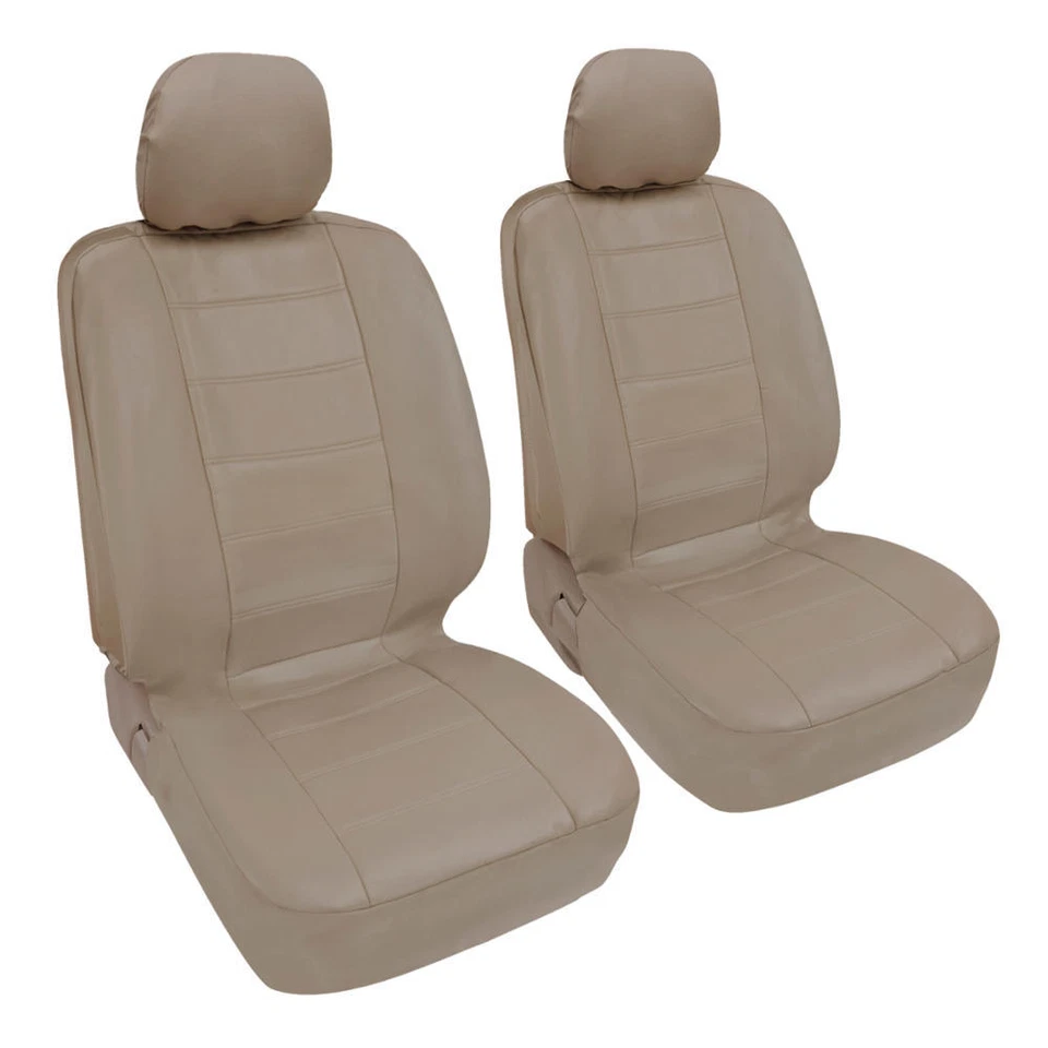 Beige Tan Synth Leather Seat Covers for Car + Stitched Grip Steering Wheel Cover - Image 2 of 4