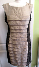 WOMENS GOLD TIERED DRESS WITH BLACK LACE TRIM SIZE 12 BY M&Co