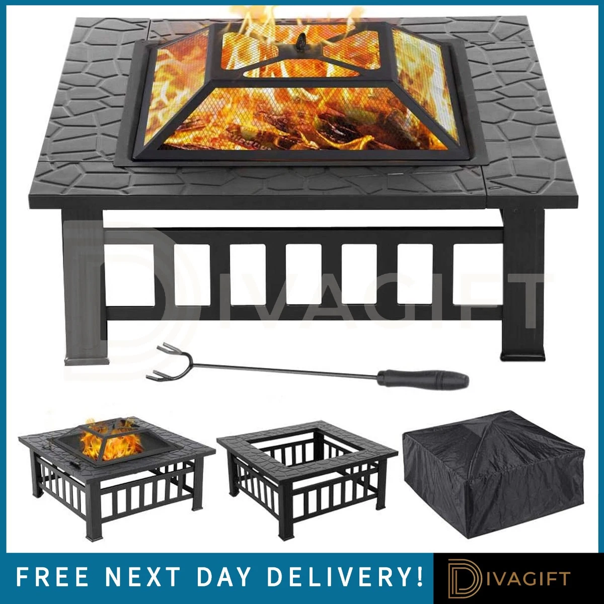 LARGE FIRE PIT BBQ OUTDOOR IRON GRILL SQUARE GARDEN TABLE PATIO LOG BURNER  STOVE | eBay