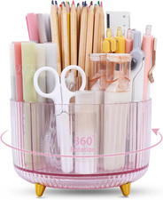 360 Rotating Clear Pen Holder 5-Slot Desk Organizer Office School Work Supplies