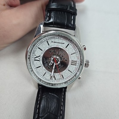 Dunlop Herrenarmbanduhr   Silber / Schwarz   Lederarmband Quartz Edelstahlboden