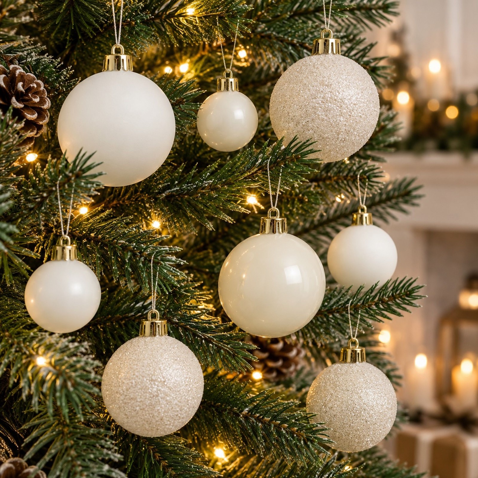 60 Wool White Baubles Shatterproof Christmas Tree Hanging Decoration 4cm 5cm 6cm - Image 2
