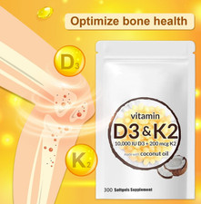 Vitamin D3 K2 Softgels 300 Count Coconut Oil 2in1 Wellness Supplement NEW