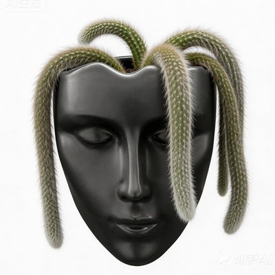 Ceramic Face Wall Planter, Black Head Vase with Drainage Hole, Modern Art Ind...
