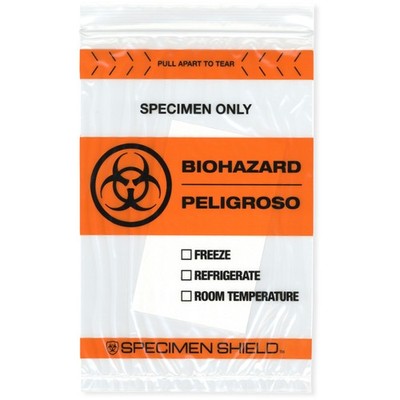 Plymor 6'' x 9'' 2 Mil Biohazard Zipper Bags w/ Pad, Back Pouch & Tear-Off Zip Top