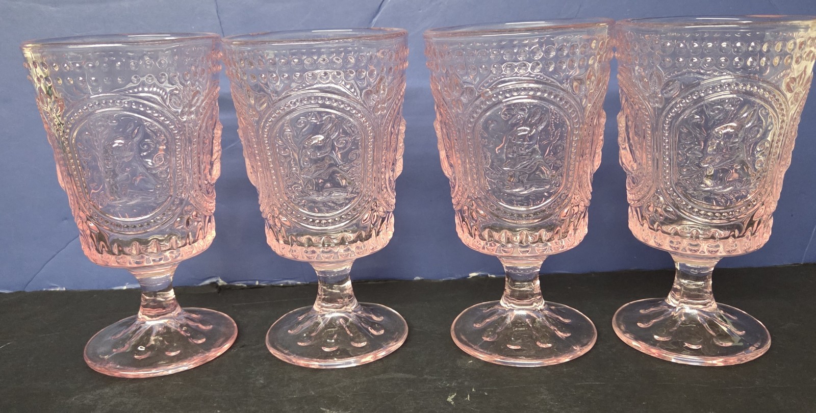 4 Vintage Style Pink Hobnail Table Home Embossed Bunny  Water Goblets Glasses 
