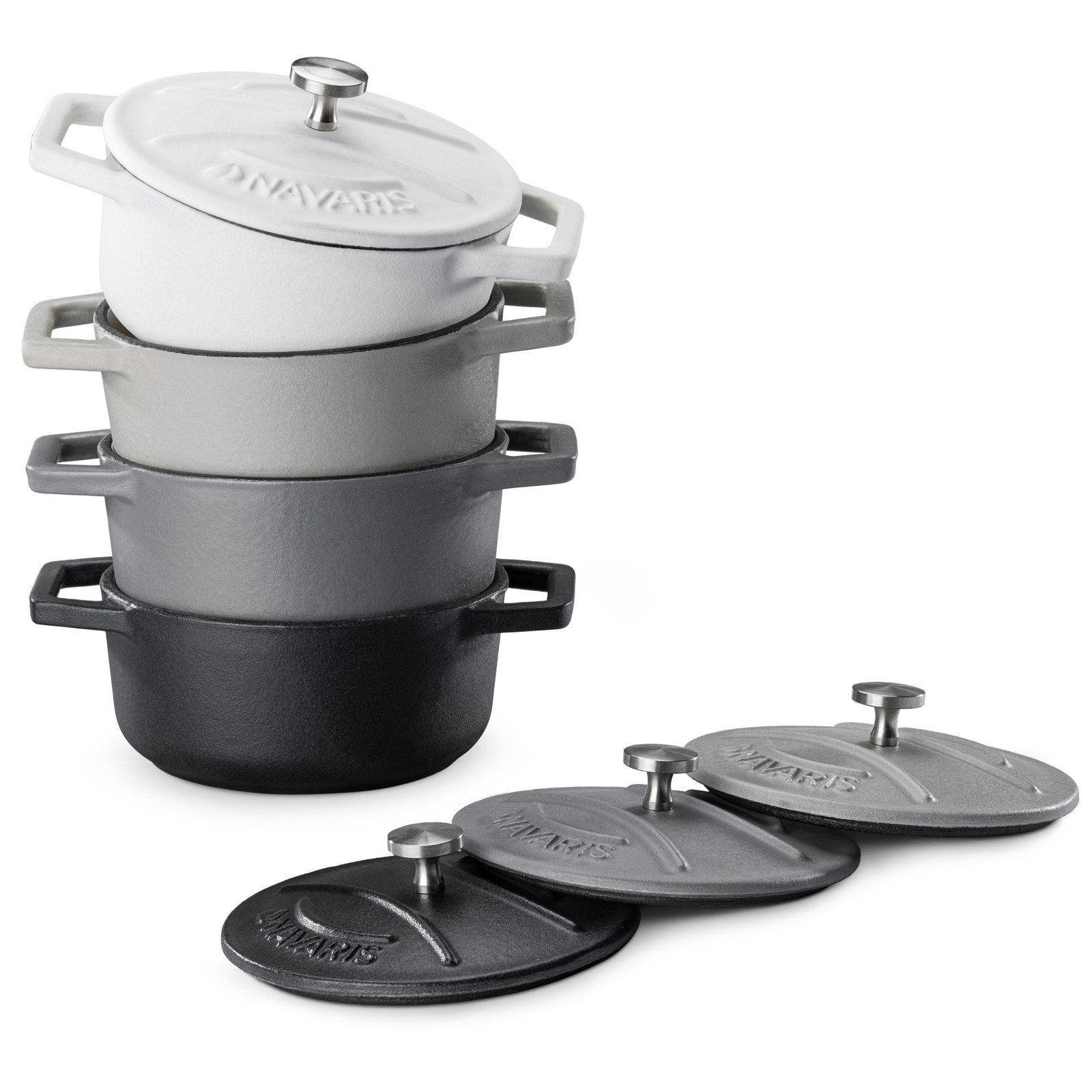 Mini Cocotte Set - 4x Gusseisen Mini Topf Schwarz Weiß - Kleine Auflaufform