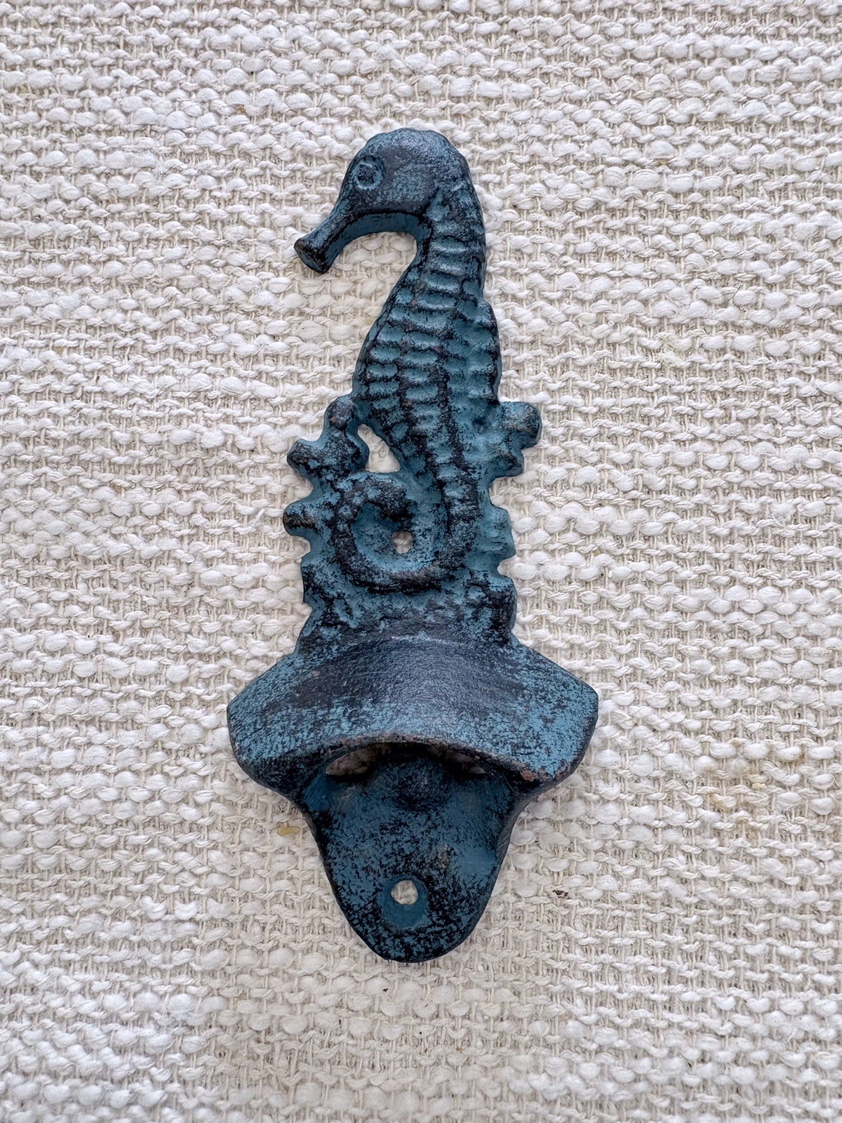 Cast Iron Seahorse Wall-Mounted Bottle Opener Blue Verdigris