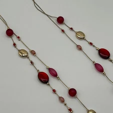 Charming Charlie Gold Tone Red Pink Beaded Double Strand Long Necklace Fashion