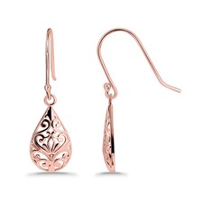 Rose Gold Flashed Sterling Silver Pear-Shape Filigree Polished Dangle Earrings