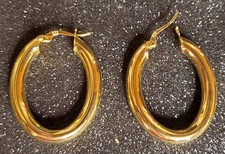 Polish Sterling Silver Gold Tone Hollow Oval Hoop Earrings Marked 925