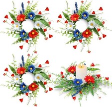4 PCS Patriotic American Candle Rings Wreaths Artificial 4th of July Floral Cand