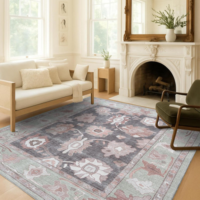 Green Oushak Area Rug - Vintage Floral Design, Washable, 5'X6'9