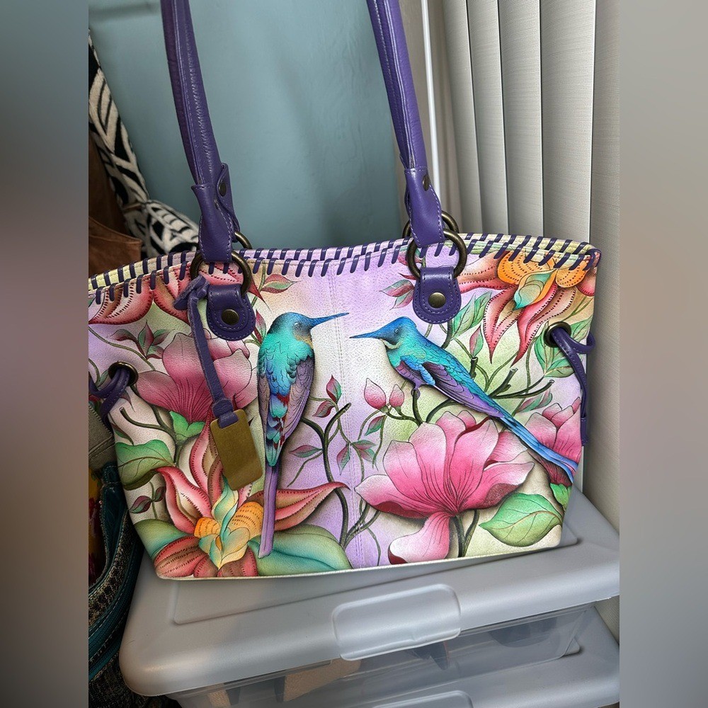 Anuschka Hand Painted Genuine Leather Featuring Hummingbird Floral Tote Bag.