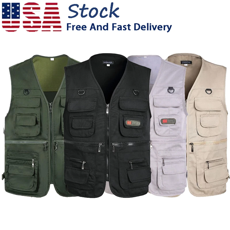 Mens Cargo Multi Pocket Utility Vest Fishing Hiking Camping Gilet Waistcoat Top