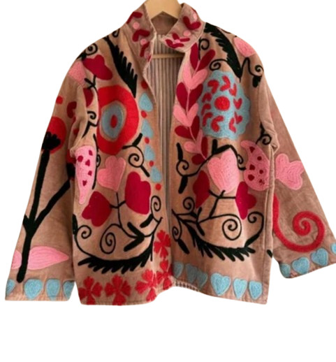 Vintage Suzani Embroidered Jacket Women Boho Floral Velvet Coat Open Front