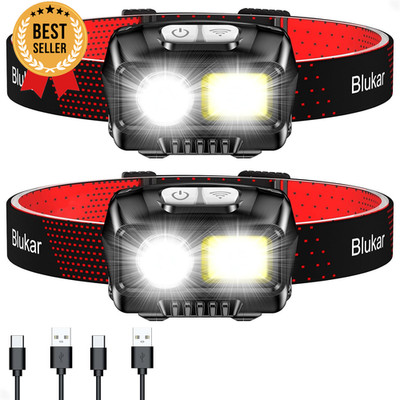 LED Headlamp 2-Pack   2000 Lumens, Dimmable, Waterproof IPX5, Motion Sensor