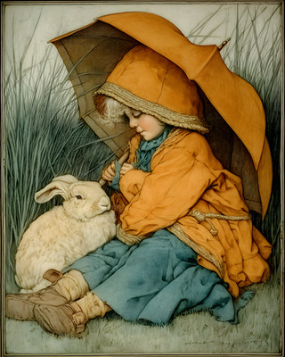 8x10 Cozy Storybook Child with Umbrella and Sheep Art Print Heritage - 837444528