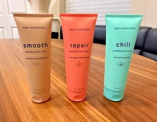 SPA SCENTIALS - SMOOTH, REPAIR, CHILL FOOT CARE CREME & SCRUBB- NEW - 3 TOTAL
