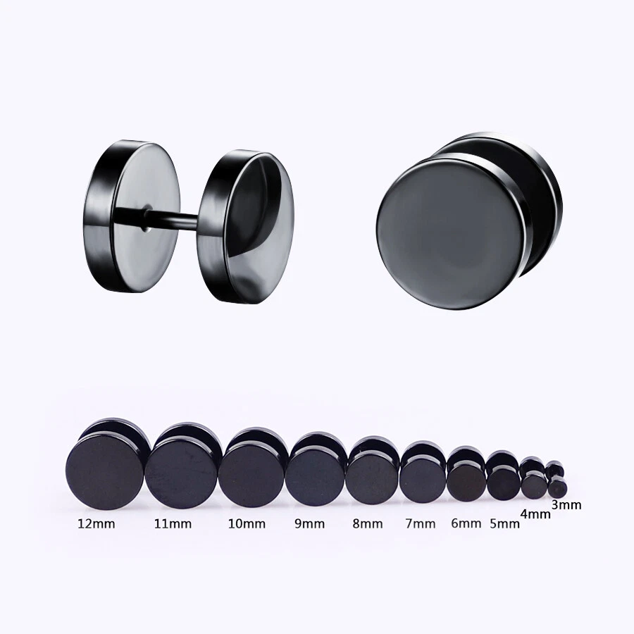 Pair Black Flat Round Barbell Plug Stud Earrings GYM MENS Stainless Steel 3-14MM - image 4 of 4