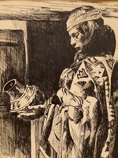 Fine Early 20th c. Original Pen & Ink Native American Indian Holding Pot
