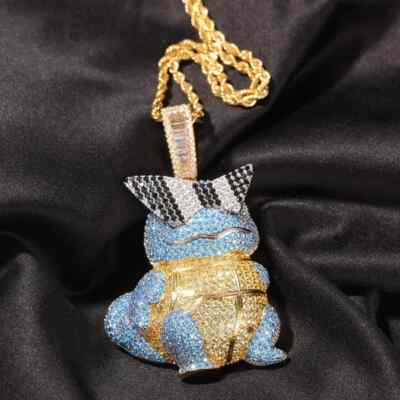 Hip Hop Icy Cubic Zirconia Squirtle Turtle Pendant 4mm 24'' Rope Chain Necklace