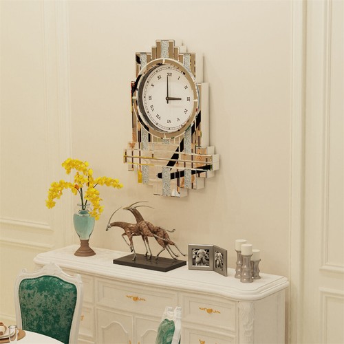 Chic Crystal Crush Diamond Wall Clock Silver Beveled Glass Mirror Quartz Clock - Picture 11 of 19