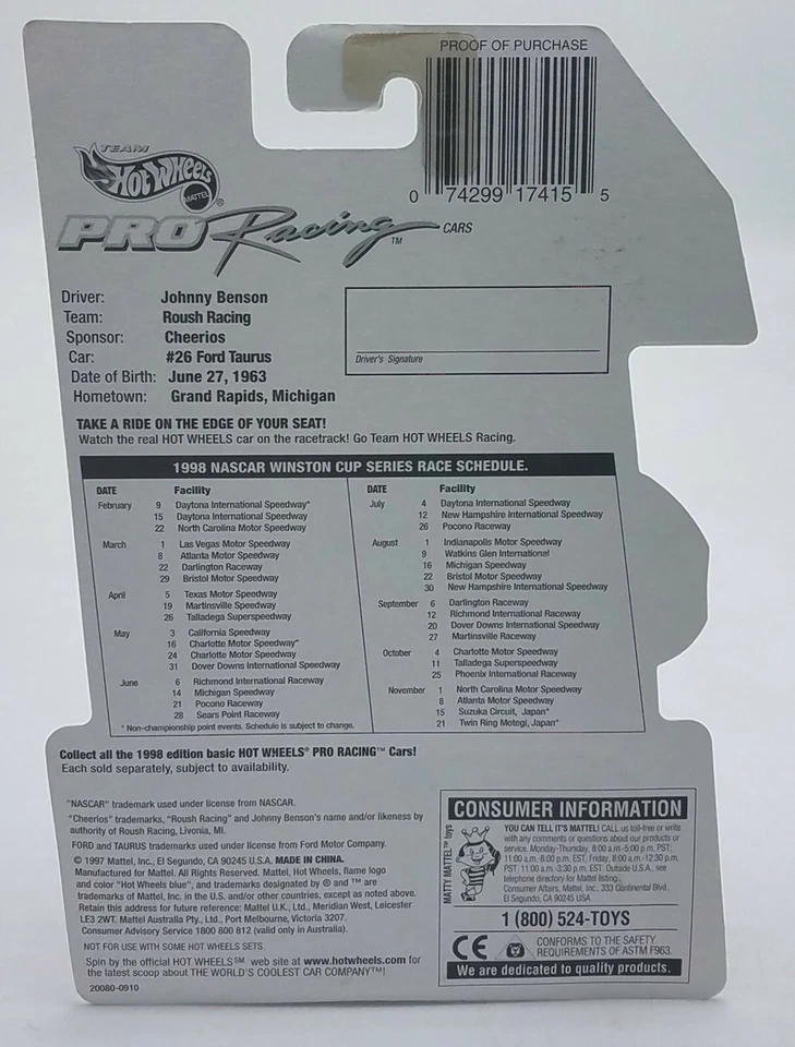 Novo na caixa Johnny Bensen Hot Wheels Pro Racing 1:64 #26 Cheerios Ford Taurus - Imagem 3 de 4