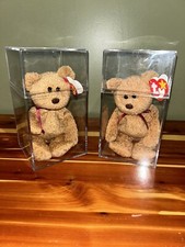 RETIRED TY Beanie Babies Curly The Bear Lot Of 2 In Protective Cases