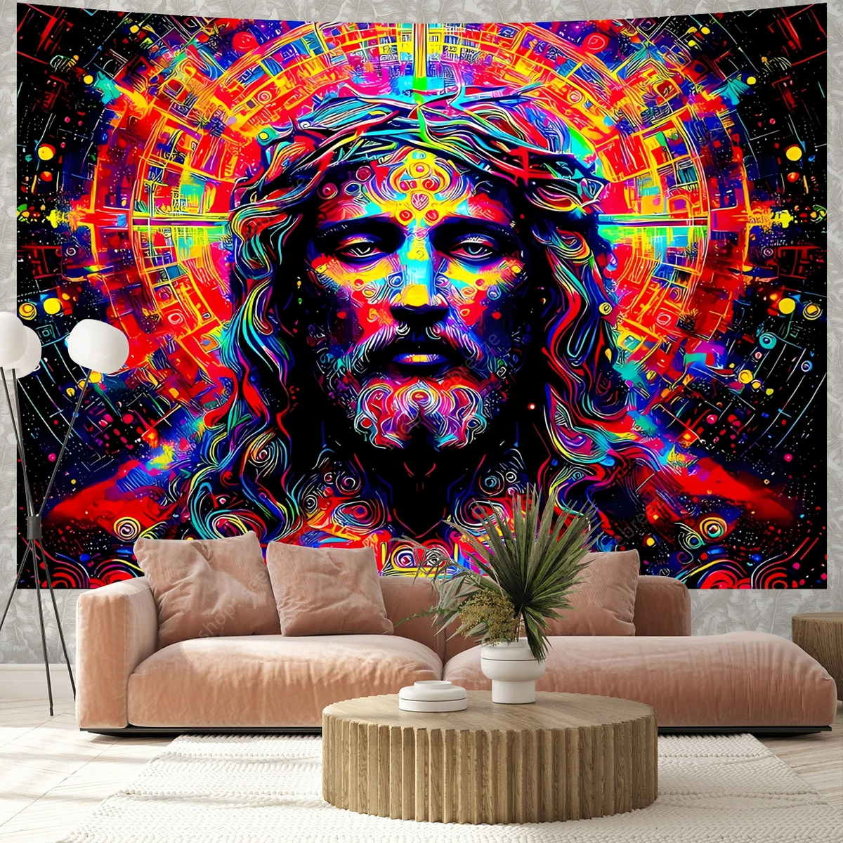 Blacklight Jesus Tapestry Trippy Psychedelic Christmas UV Reactive