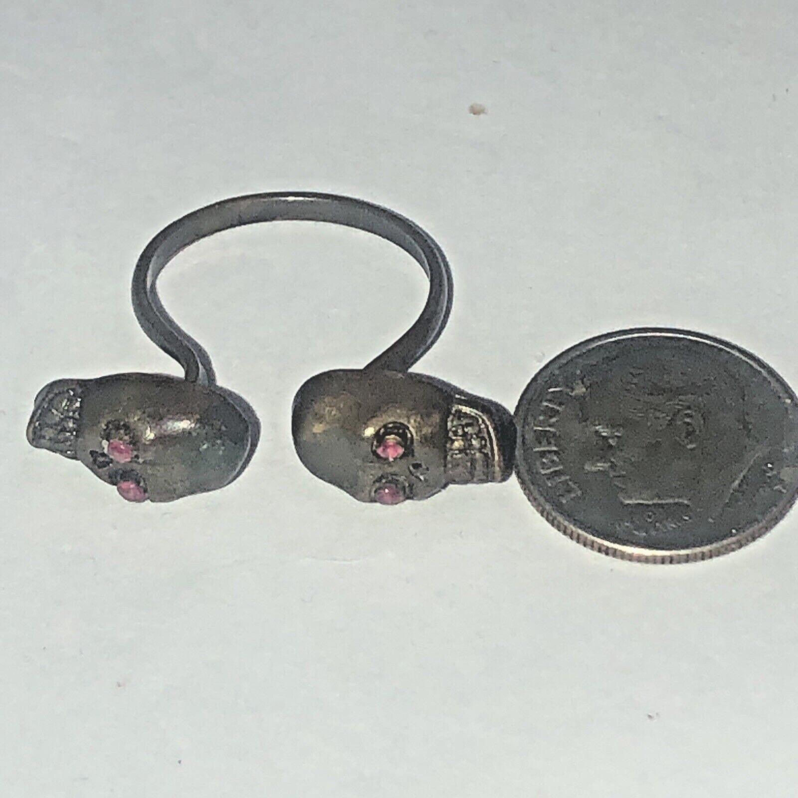 Antique 800 Solid Silver Open Ring Double Skull H… - image 9