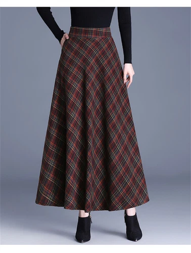 Women's Vintage High Waist Wool Blend Plaid A-Line Maxi Pleated Skirt - Picture 3 of 31