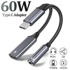 2 in 1 Type-C USB C to 3.5mm AUX Audio Headphone Jack Adapter Charger Cable LOT